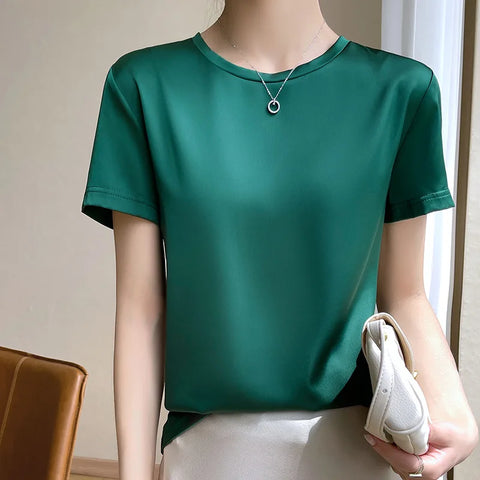 2025 Spring Summer T-shirt Women Solid Short Sleeve Fashion Korean Tops O-neck Casual Office Lady Tshirt Femme Green White Shirt