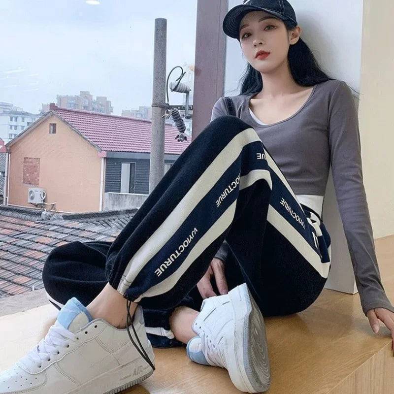 Loose Sports Pants for Women Wide Leg Baggy Drawstring High Waist Vintage Sweatpants Cotton Harajuku Woman FitnessTrousers Hot G