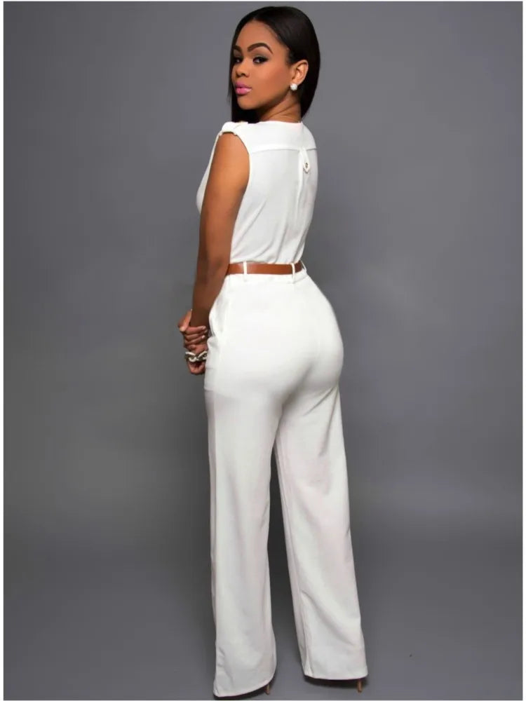Sexy Deep V Neck Sleeveless Solid Color Formal Fashion Jumpsuit with Wrap Hip