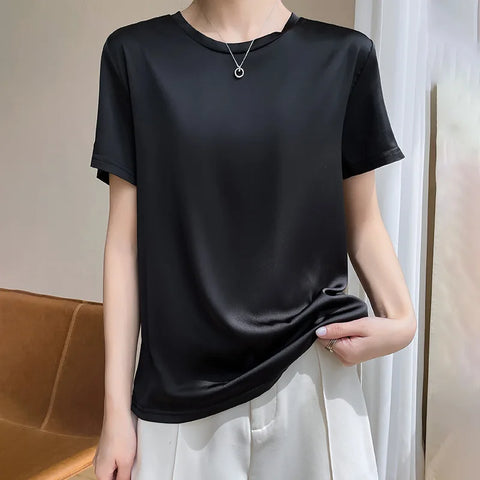 2025 Spring Summer T-shirt Women Solid Short Sleeve Fashion Korean Tops O-neck Casual Office Lady Tshirt Femme Green White Shirt