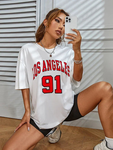 Female Tshirt Los Angeles 91 Street City Printed T-Shirts Casual Breathable T-Shirts Loose Short Sleeve Top Oversized Streetwear