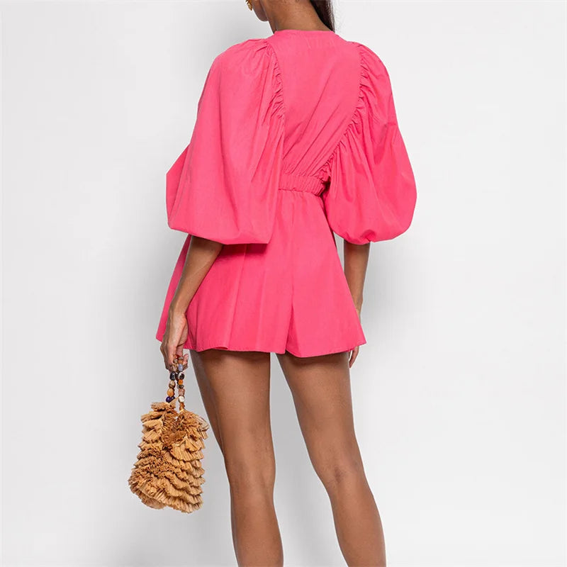 Lamuusaa Women Playsuit y2k Clothes Solid Color/Plaid Print V Neck Bubble Sleeve High Waist Short Jumpsuit Romper Streetwear