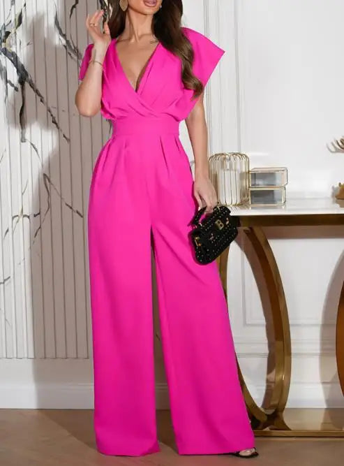Summer Solid Color Short Sleeved Pants V-Neck Waist Slimming Jumpsuit Full Length for Sexy and Elegant Women