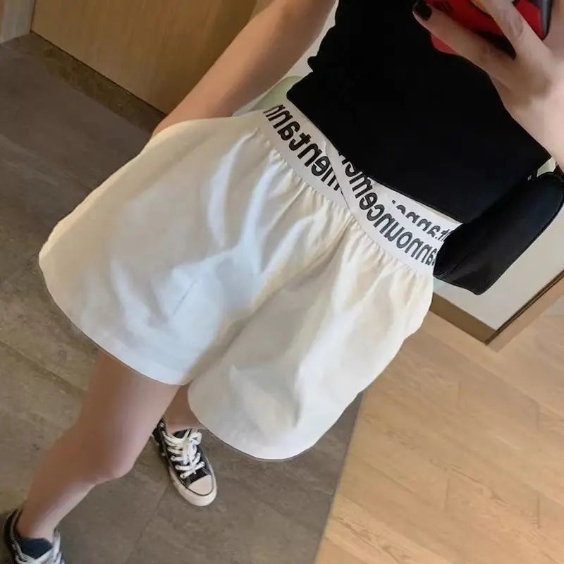 Shorts For Women Wide White High Waist Elastic Baggy Loose Short Pants Woman Casual Korean Style Design Youthful Luxury New In