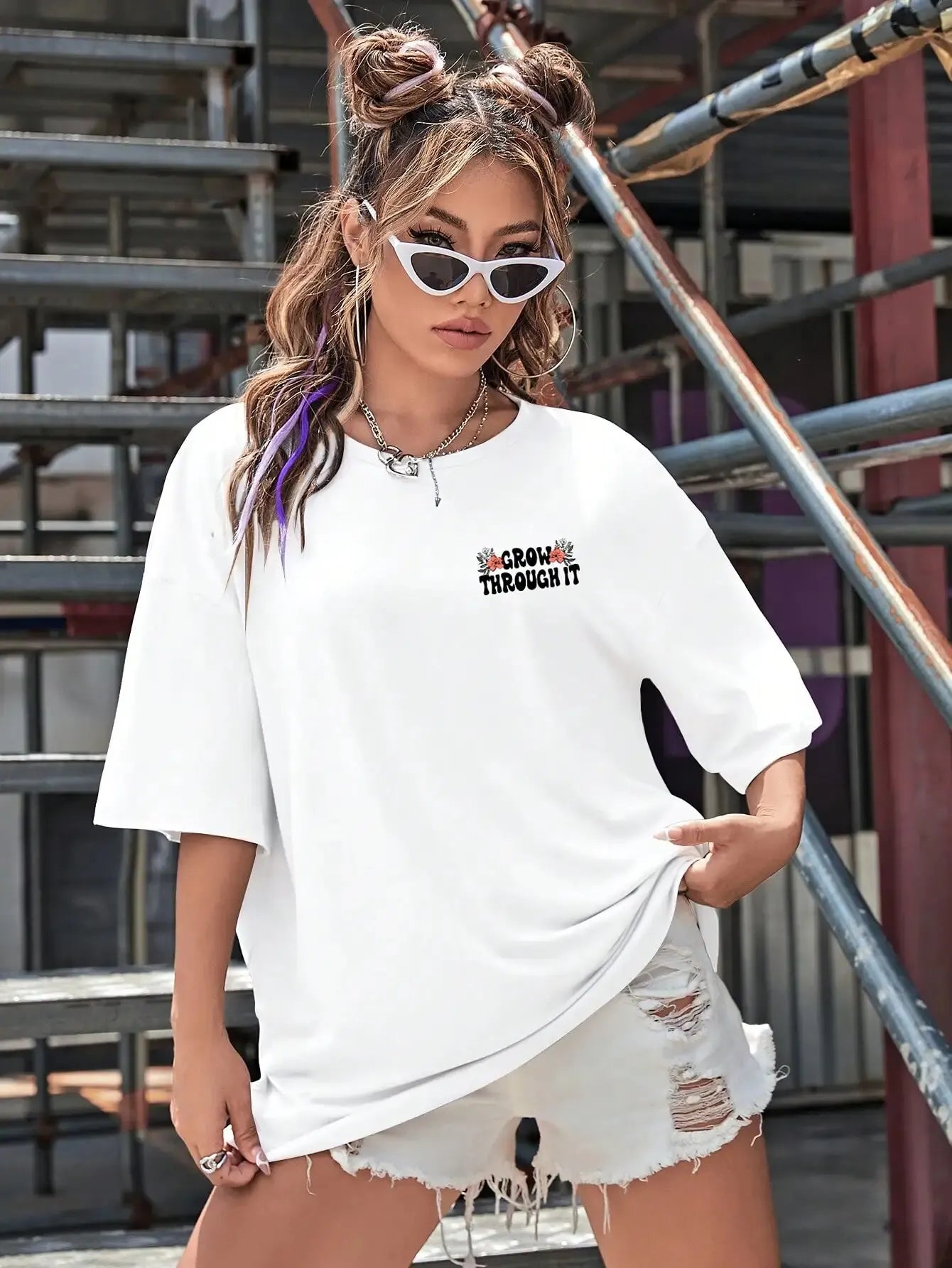 Floral & Skeleton Print Cotton T-Shirt for Women Motivational Grow Through It Personality Female Tee Oversize Tops Soft Clothes