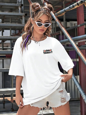 Floral & Skeleton Print Cotton T-Shirt for Women Motivational Grow Through It Personality Female Tee Oversize Tops Soft Clothes
