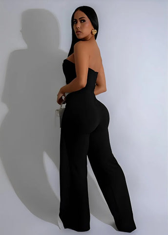 Leosoxs Women Elegant Button Sleeveless Strapless Irregular Formal Jumpsuits