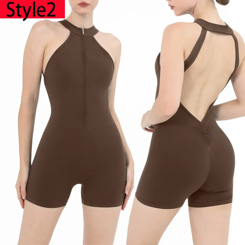 Scrunch Gym Jumpsuit Women's Fitness Suit Short Sets Sports Overalls for Woman Tracksuit Yoga Clothing Zipper Workout Sportswear
