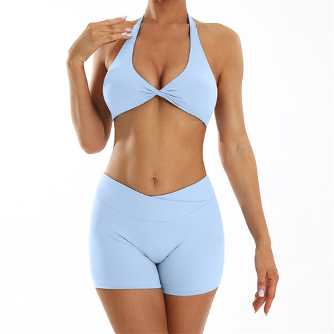 Gym Set Short Yoga Tracksuits Women 2 PCS Sport Suit Fitness Clothing Workout Outfits Push Up Shorts Sporty Bra Sportwear