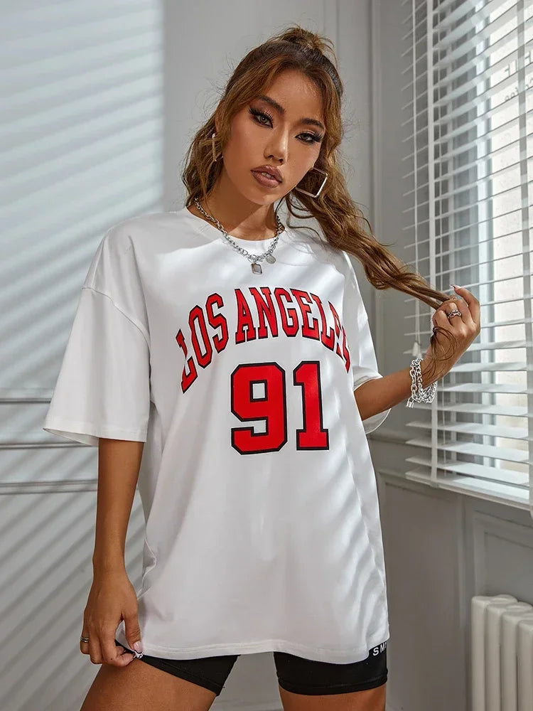 Female Tshirt Los Angeles 91 Street City Printed T-Shirts Casual Breathable T-Shirts Loose Short Sleeve Top Oversized Streetwear
