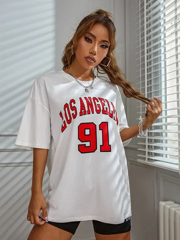 Female Tshirt Los Angeles 91 Street City Printed T-Shirts Casual Breathable T-Shirts Loose Short Sleeve Top Oversized Streetwear