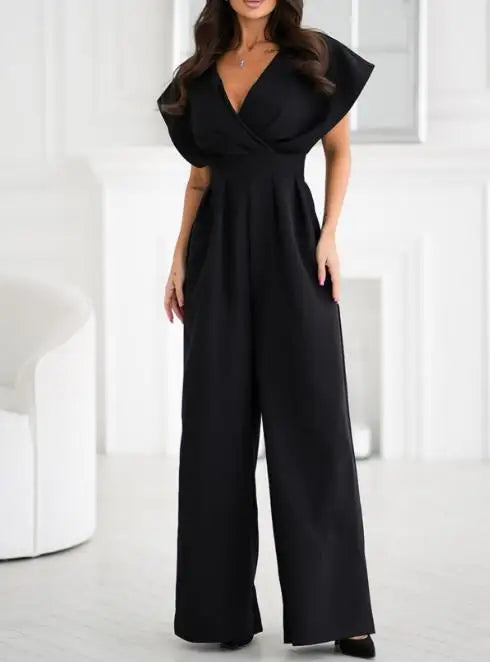 Summer Solid Color Short Sleeved Pants V-Neck Waist Slimming Jumpsuit Full Length for Sexy and Elegant Women