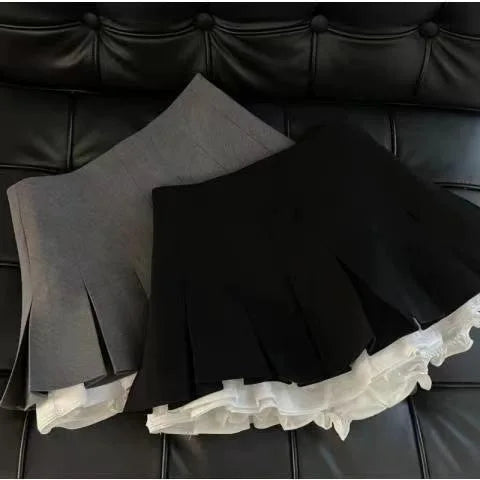 Ruffles Black Japanese Kawaii Korean Patchwork High Waist Mini Pleated Skirts