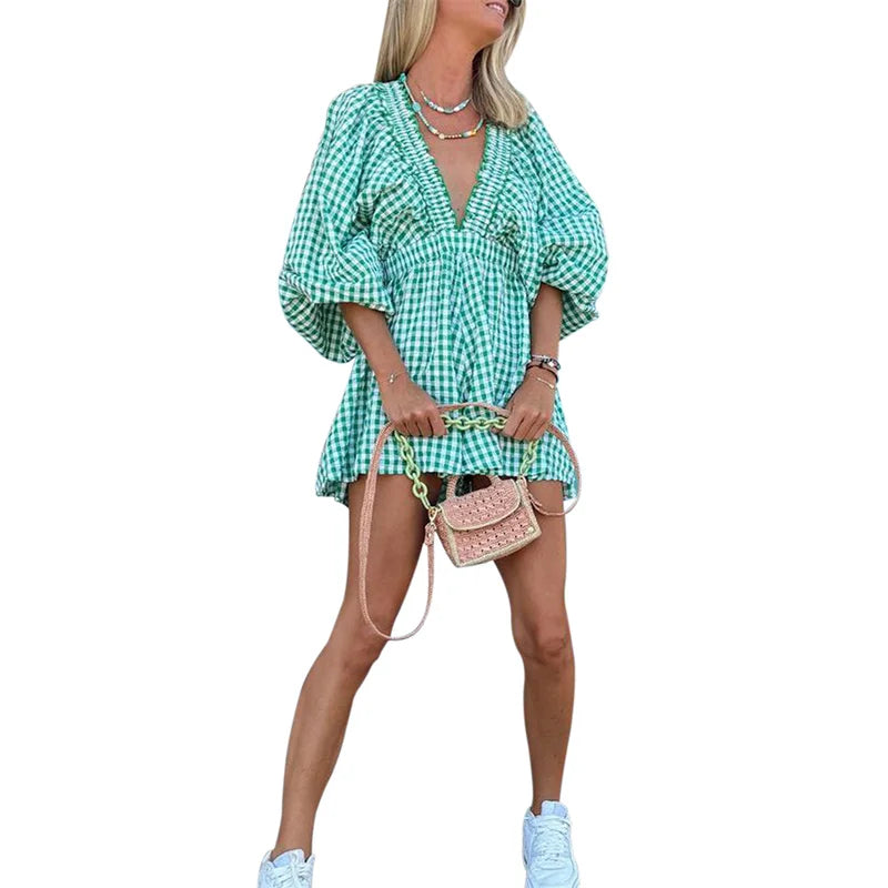 Lamuusaa Women Playsuit y2k Clothes Solid Color/Plaid Print V Neck Bubble Sleeve High Waist Short Jumpsuit Romper Streetwear
