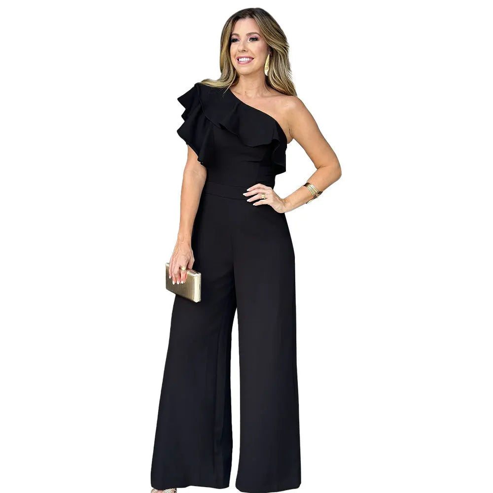 Solid Color Oblique Collar Black Ears High Waist Wide Leg Casual Women Formal Jumpsuit