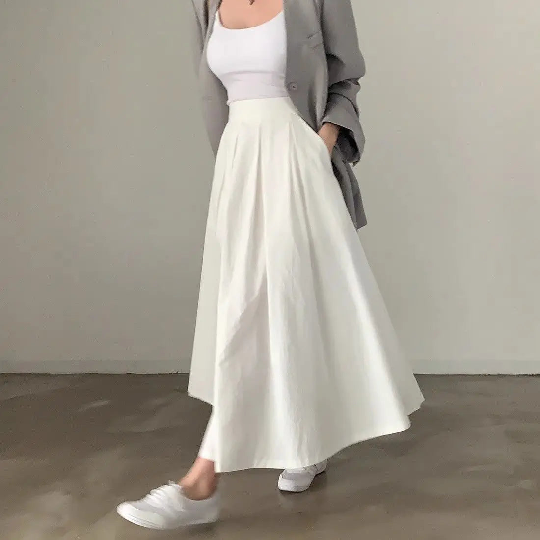 Chic Simple Mid-Length A-Line Skirt Women Korean Half Body Skirt Commute High Waist Loose Pure Color Long Pleated Skirt