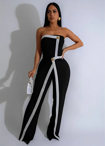 Leosoxs Women Elegant Button Sleeveless Strapless Irregular Formal Jumpsuits