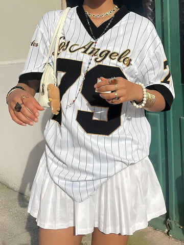 Baseball Jersey Los Angeles Printed V-Neck Half Sleeve Oversized T-shirt
