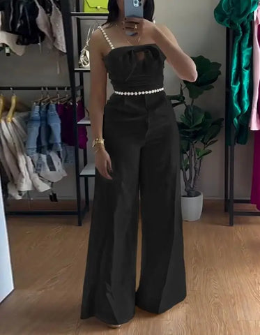 Bandeau Beaded Spaghetti Strap Bowknot Formal Jumpsuit