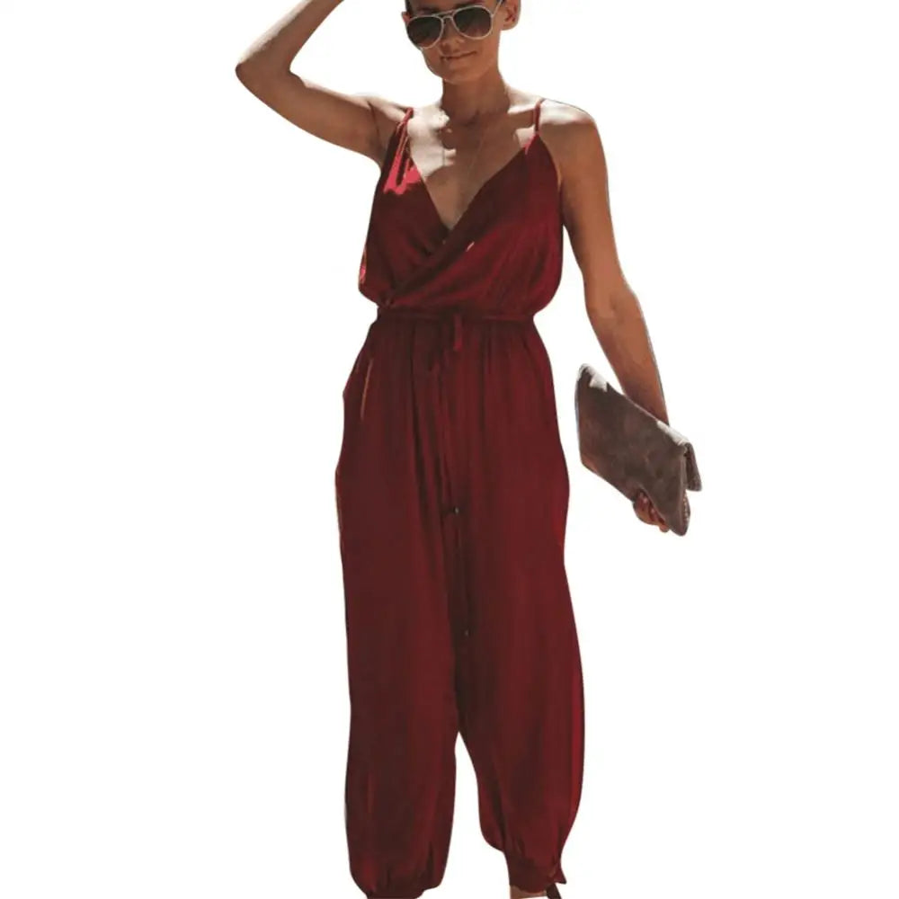 Women Summer Sexy Backless Casual Deep-V Floral Print Strappy Formal Jumpsuits