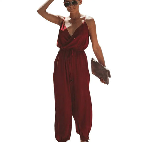 Women Summer Sexy Backless Casual Deep-V Floral Print Strappy Formal Jumpsuits
