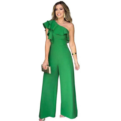 Solid Color Oblique Collar Black Ears High Waist Wide Leg Casual Women Formal Jumpsuit