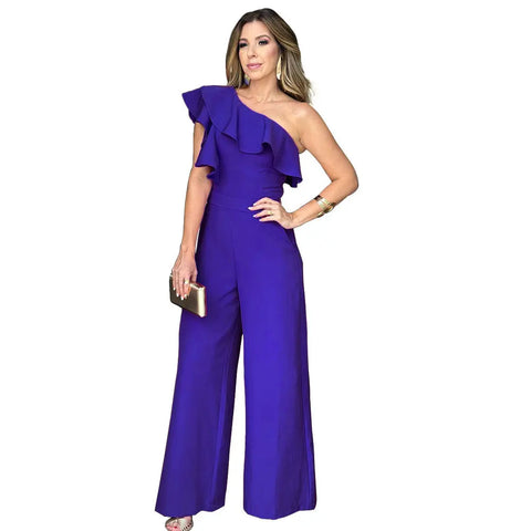 Solid Color Oblique Collar Black Ears High Waist Wide Leg Casual Women Formal Jumpsuit