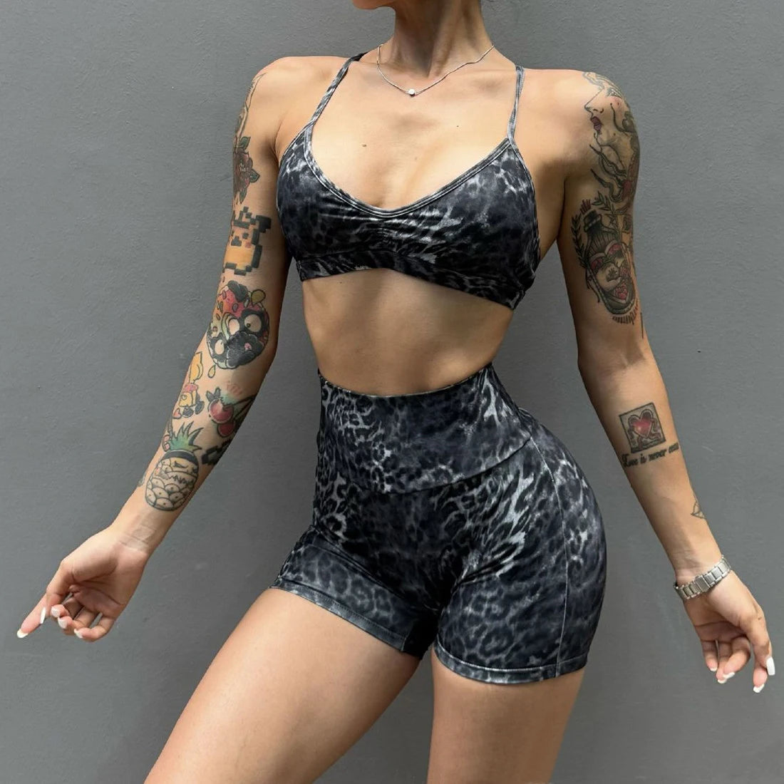 Leopard Bra & Fitness High Waist Raise Scrunch Gym Leggings set