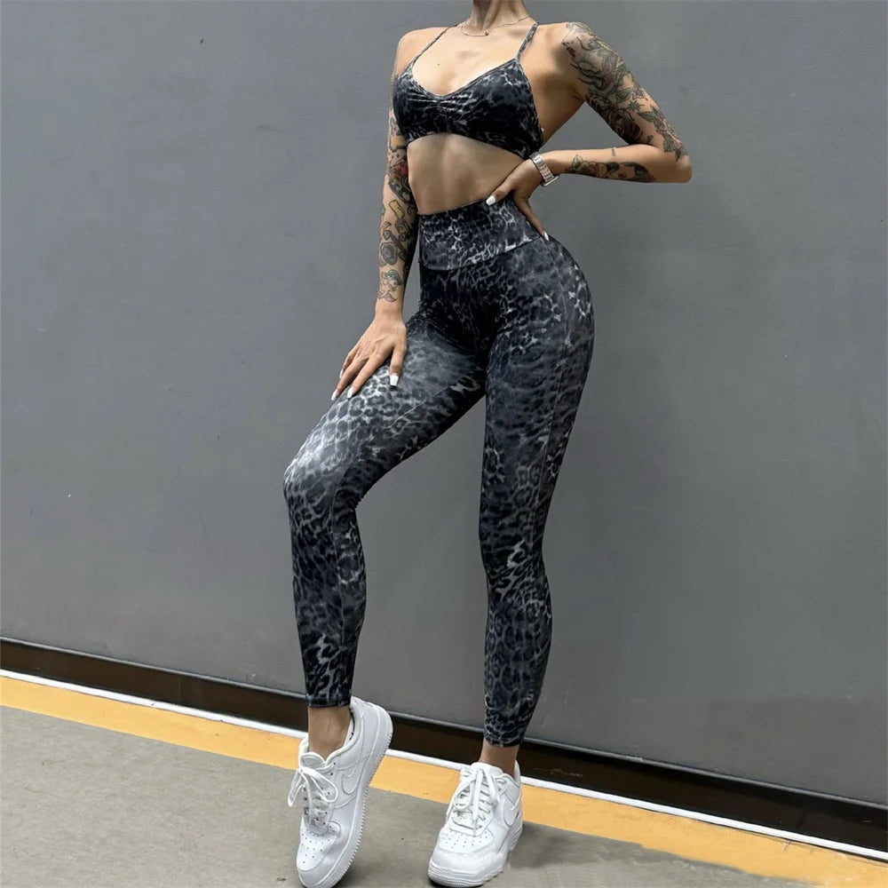 Leopard Bra & Fitness High Waist Raise Scrunch Gym Leggings set
