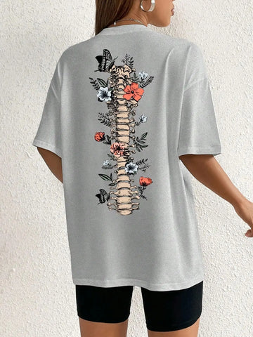 Floral & Skeleton Print Cotton T-Shirt for Women Motivational Grow Through It Personality Female Tee Oversize Tops Soft Clothes