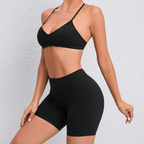 Yoga Shorts Set Women Black Hollow Back Sports Bra High Waist Pants Suit for Fitness Sports Seamless Workout Sportwear Clothes