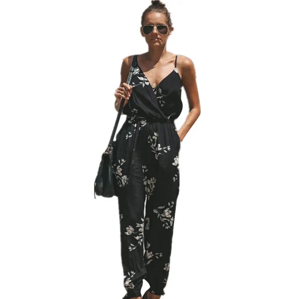 Women Summer Sexy Backless Casual Deep-V Floral Print Strappy Formal Jumpsuits