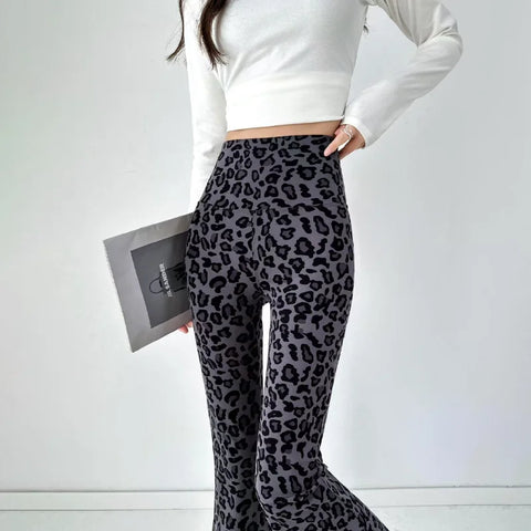 Women Leopard Printed Flared Pants Elasticized High Waist Shark Leggings Casual Spring Summer Korean Slim Straight Tube