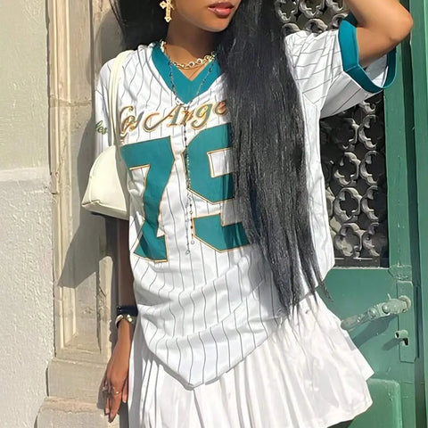 Baseball Jersey Los Angeles Printed V-Neck Half Sleeve Oversized T-shirt