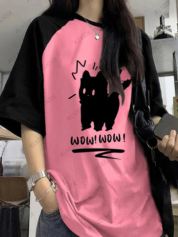 Funny Cat Printed Summer T-Shirt For Women Patchwork Short Sleeve Harajuku Tees Sports Football Jersey Y2K Loose Oversized Tops