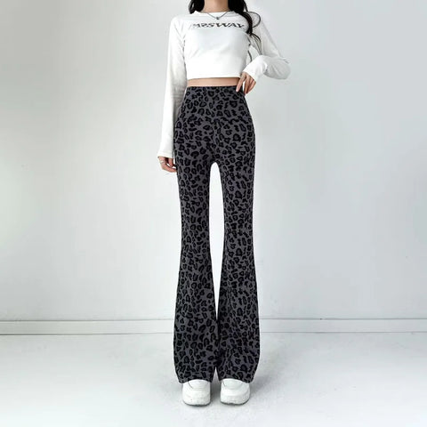 Women Leopard Printed Flared Pants Elasticized High Waist Shark Leggings Casual Spring Summer Korean Slim Straight Tube