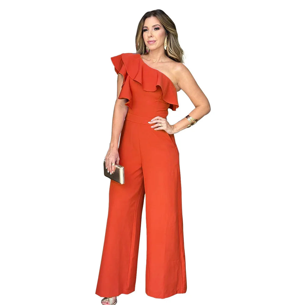 Solid Color Oblique Collar Black Ears High Waist Wide Leg Casual Women Formal Jumpsuit