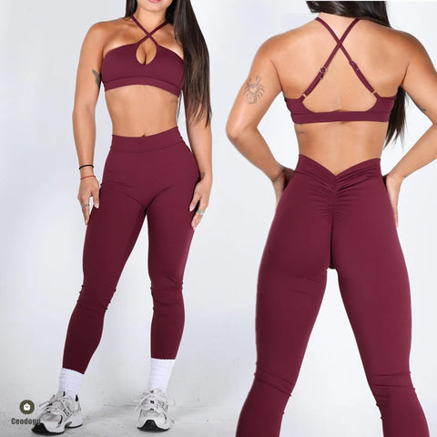2 Pcs Gym Clothes Women V Back Yoga Set Sports Bra High Waist Leggings Women's Tracksuit Sportswear Fitness Gym Activewear XP310