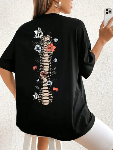 Floral & Skeleton Print Cotton T-Shirt for Women Motivational Grow Through It Personality Female Tee Oversize Tops Soft Clothes