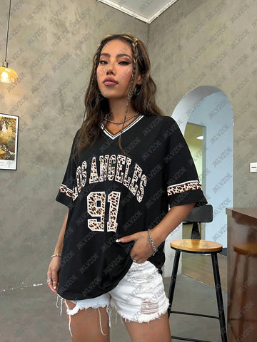 Los Angeles Number 91 TShirt For Men Women Summer Fashion Leopard Print V-neck Tee Trend Short Sleeve Female Streetwear Top