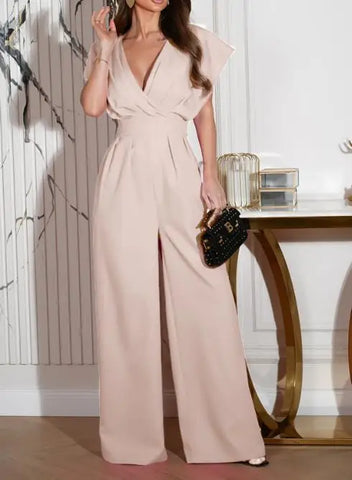 Summer Solid Color Short Sleeved Pants V-Neck Waist Slimming Jumpsuit Full Length for Sexy and Elegant Women