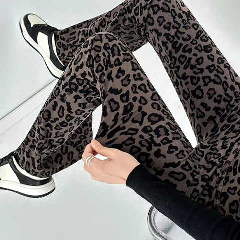 Women Leopard Printed Flared Pants Elasticized High Waist Shark Leggings Casual Spring Summer Korean Slim Straight Tube