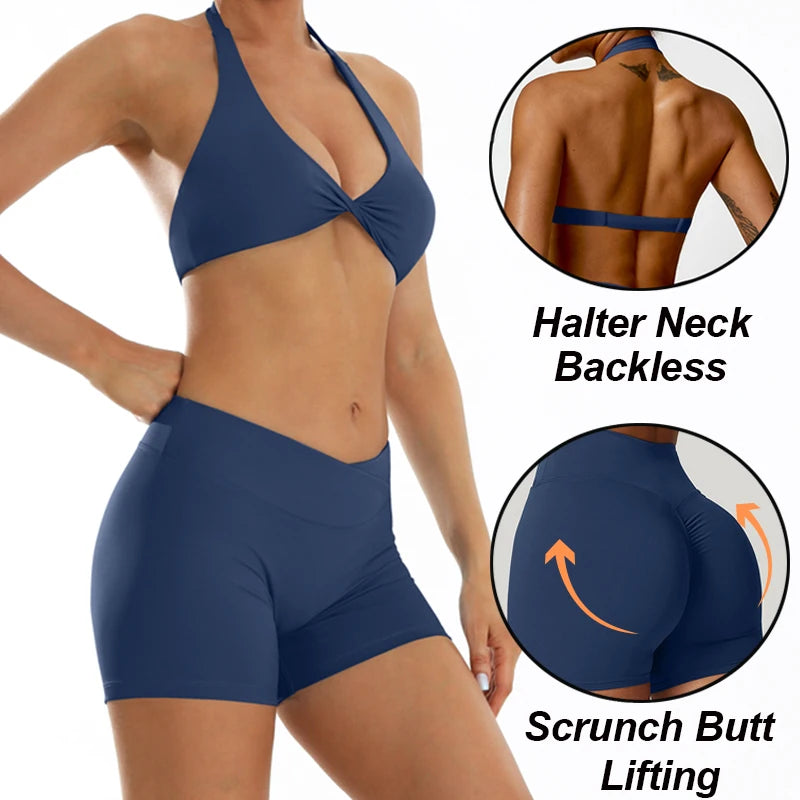 Gym Set Short Yoga Tracksuits Women 2 PCS Sport Suit Fitness Clothing Workout Outfits Push Up Shorts Sporty Bra Sportwear