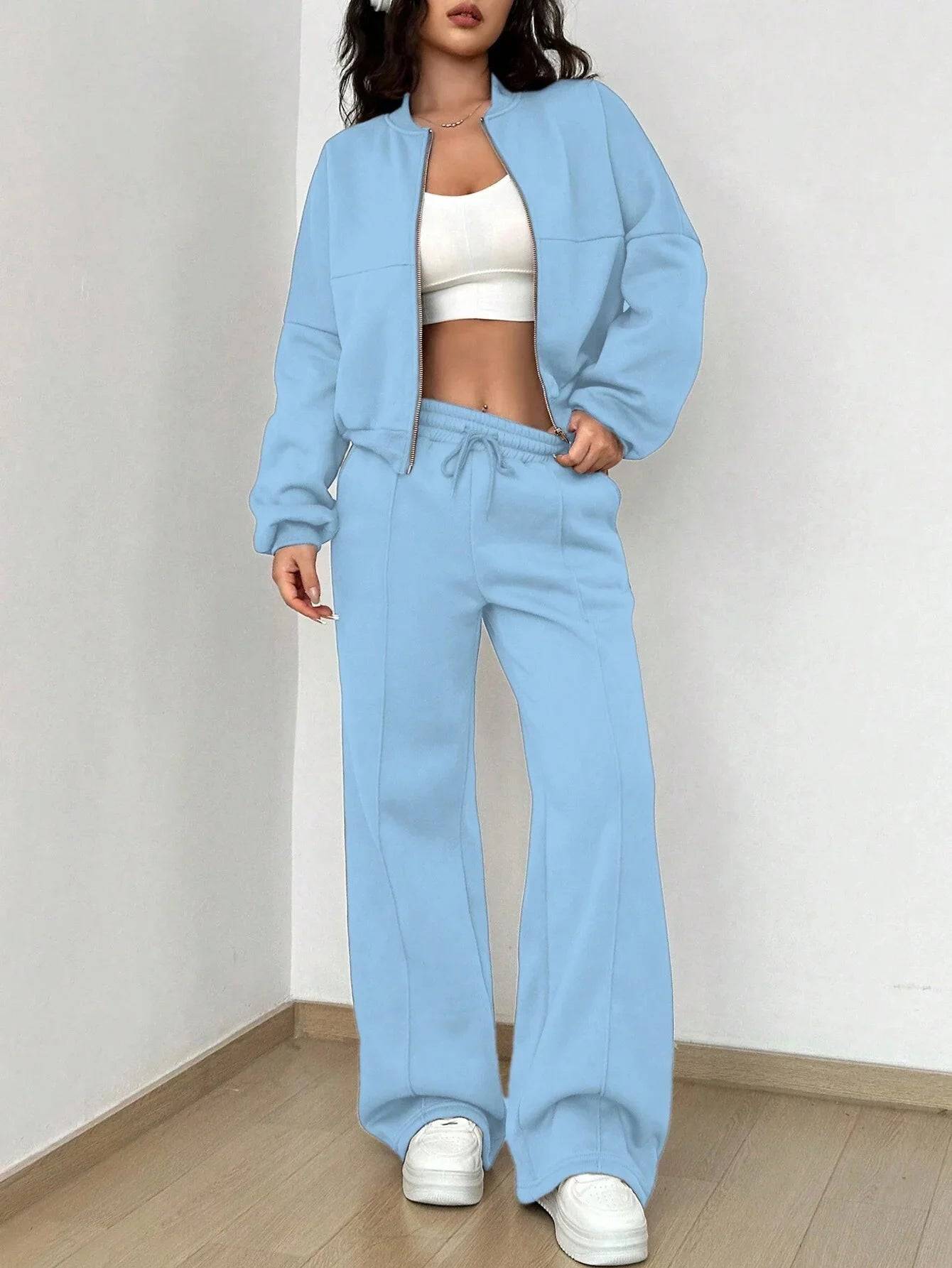 Women Tracksuit 2 Pieces Set Fashion Long Sleeve Zipper Coat Casual Solid Sweatshirt Straight Pants Suit Ladies Autumn Sportwear