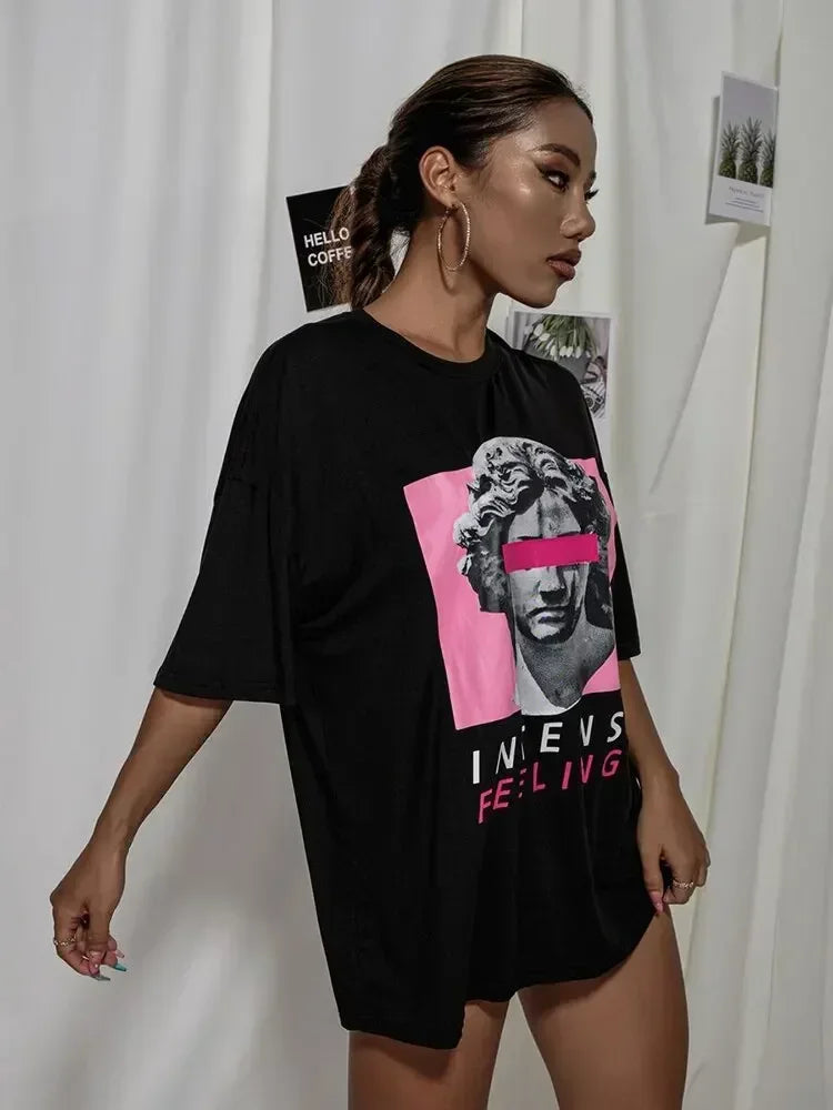 Intense Feelings Drop Shoulder Tee T-Shirts Women Loose High Quality Streetwear Hip Hop Top Y2k Oversize Tops Women T Shirts