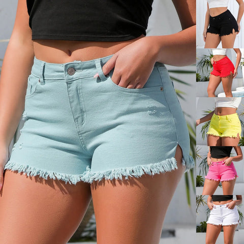 Sexy Denim Shorts High Waist Tassel Slim Shorts Jeans Solid Color Side Split Casual Jeans Shorts Hot Sale 2024 Summer Clothes