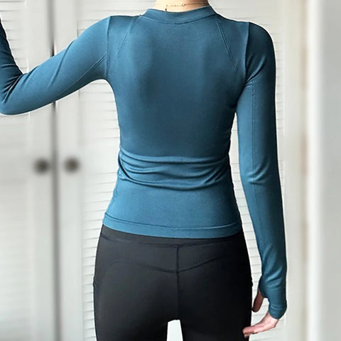 Thumb Hole Crew Neck Slimming Fit Long Sleeves Compression Tops