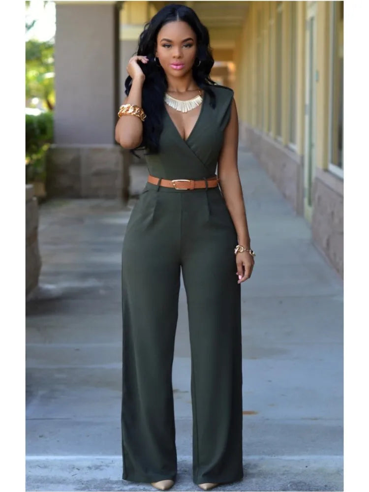 Sexy Deep V Neck Sleeveless Solid Color Formal Fashion Jumpsuit with Wrap Hip