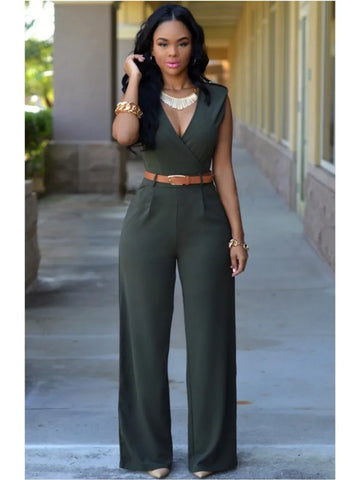 Sexy Deep V Neck Sleeveless Solid Color Formal Fashion Jumpsuit with Wrap Hip