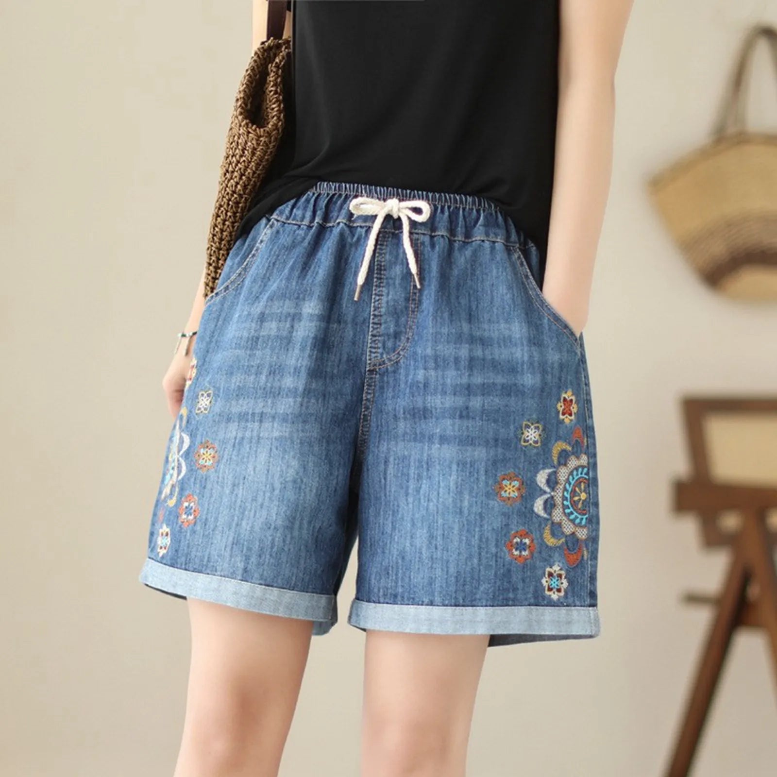 Ethnic Style Funny Cartoon Printed Wide Leg Shorts For Women Jeans Rolled Up Elastic Waist Bandage Y2k Shorts Baggy Denim Shorts